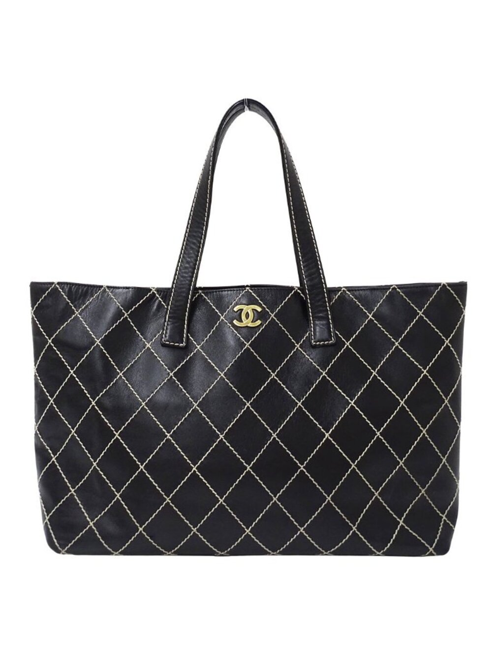 Chanel Wild Stitch Tote Leather Black Gold Shoulder Bag Large
